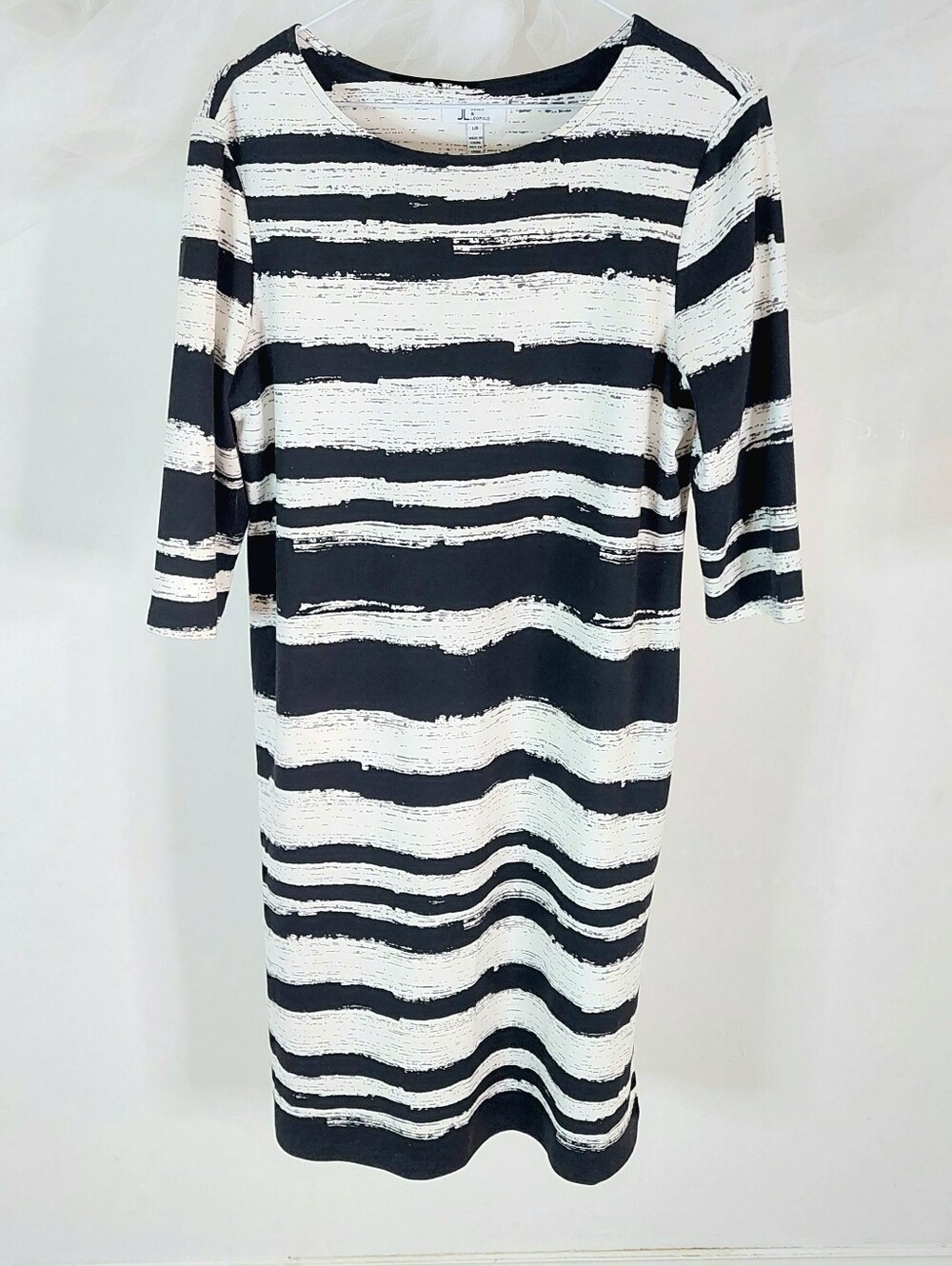 JULES + LEOPOLD Black White Striped Shift Dress 3/4 Sleeve Knit Career Large